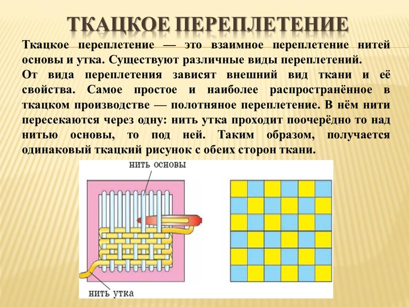 Ткацкое переплетение Ткацкое переплетение — это взаимное переплетение нитей основы и утка