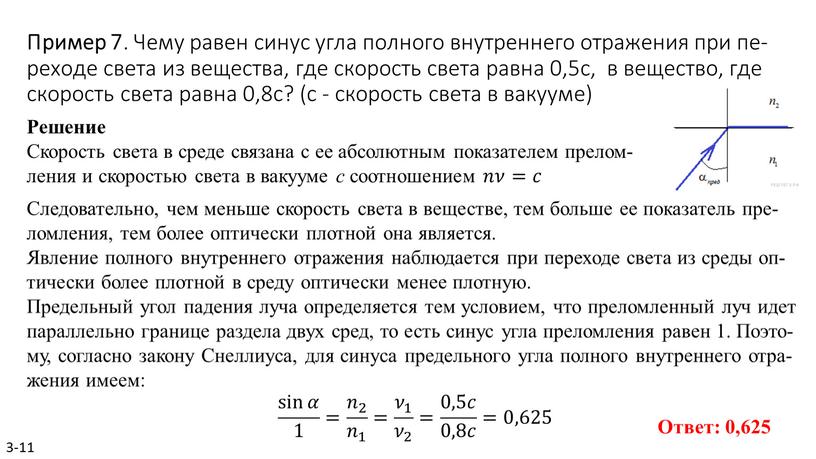 Пример 7 . Чему равен синус угла пол­но­го внут­рен­не­го от­ра­же­ния при пе­ре­хо­де света из ве­ще­ства, где ско­рость света равна 0,5с, в ве­ще­ство, где ско­рость света…