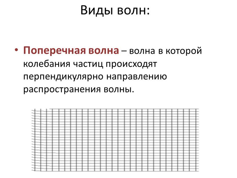 Виды волн: Поперечная волна – волна в которой колебания частиц происходят перпендикулярно направлению распространения волны