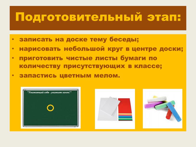 Подготовительный этап: записать на доске тему беседы; нарисовать небольшой круг в центре доски; приготовить чистые листы бумаги по количеству присутствующих в классе; запастись цветным мелом