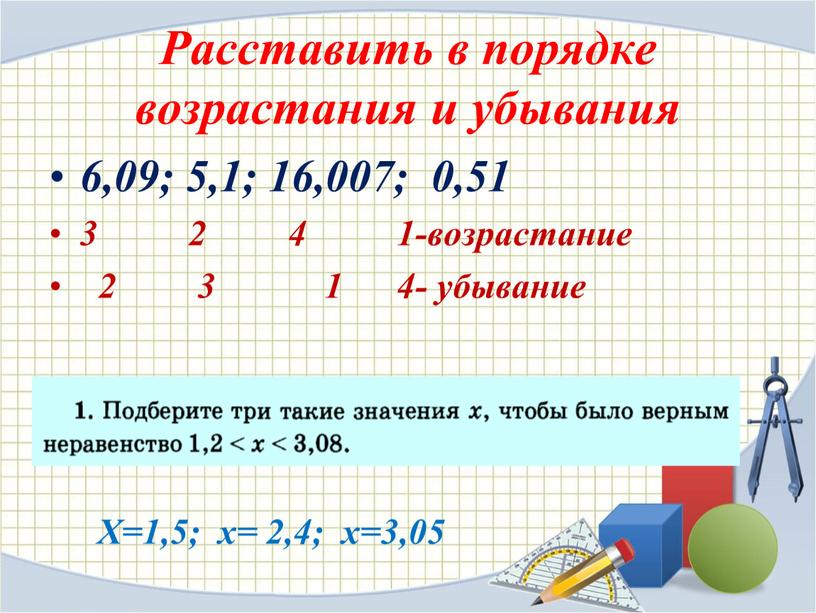 Расставить в порядке возрастания и убывания 6,09; 5,1; 16,007; 0,51 3 2 4 1-возрастание 2 3 1 4- убывание