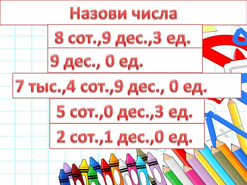 Назови числа 8 сот.,9 дес.,3 ед