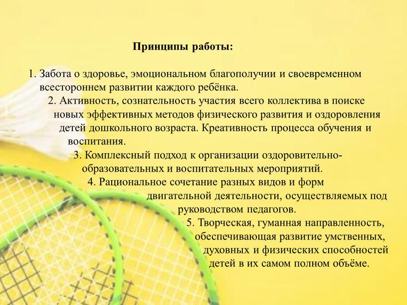 Принципы работы: 1. Забота о здоровье, эмоциональном благополучии и своевременном всестороннем развитии каждого ребёнка