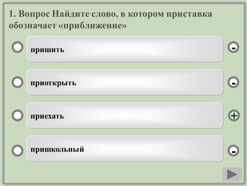 Вопрос Найдите слово, в котором приставка обозначает «приближение» пришить приоткрыть приехать пришкольный - - + -