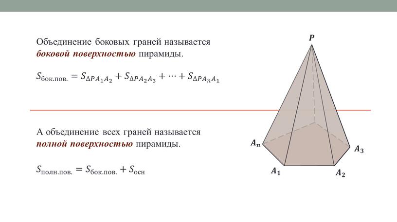 Объединение боковых граней называется боковой поверхностью пирамиды