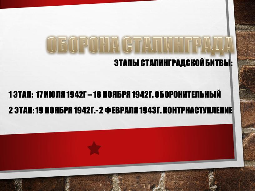 Оборона Сталинграда Этапы Сталинградской битвы: 1 этап: 17 июля 1942г – 18 ноября 1942г