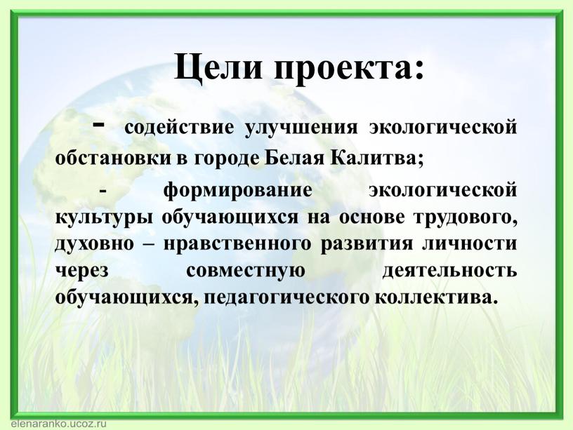 Цели проекта: - содействие улучшения экологической обстановки в городе