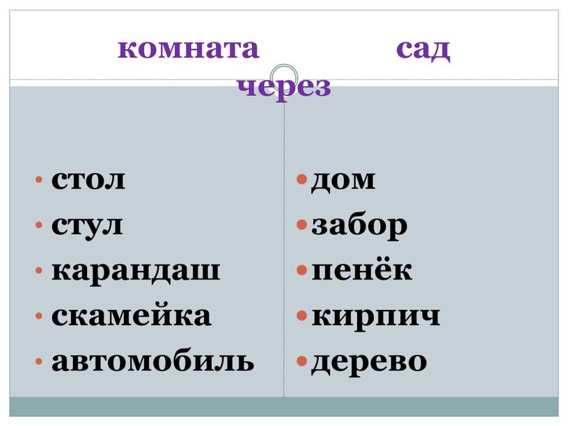 комната сад через стол стул карандаш скамейка автомобиль дом забор пенёк кирпич дерево