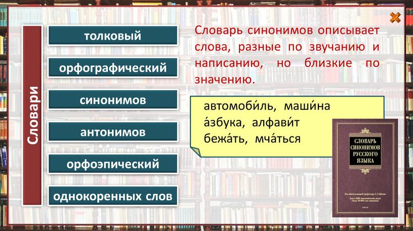 Словарь синонимов описывает слова, разные по звучанию и написанию, но близкие по значению