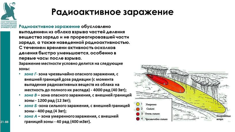 Радиоактивное заражение Радиоактивное заражение обусловлено выпадением из облака взрыва частей деления вещества заряда и не прореагировавшей части заряда, а также наведенной радиоактивностью