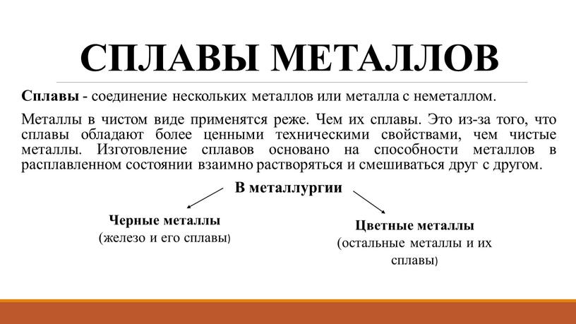 СПЛАВЫ МЕТАЛЛОВ Сплавы - соединение нескольких металлов или металла с неметаллом