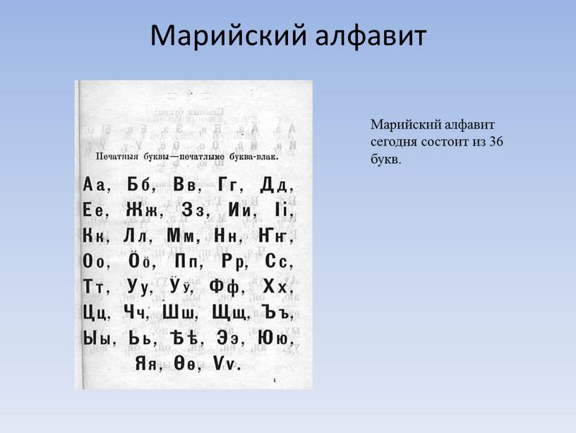 Марийский алфавит Марийский алфавит сегодня состоит из 36 букв