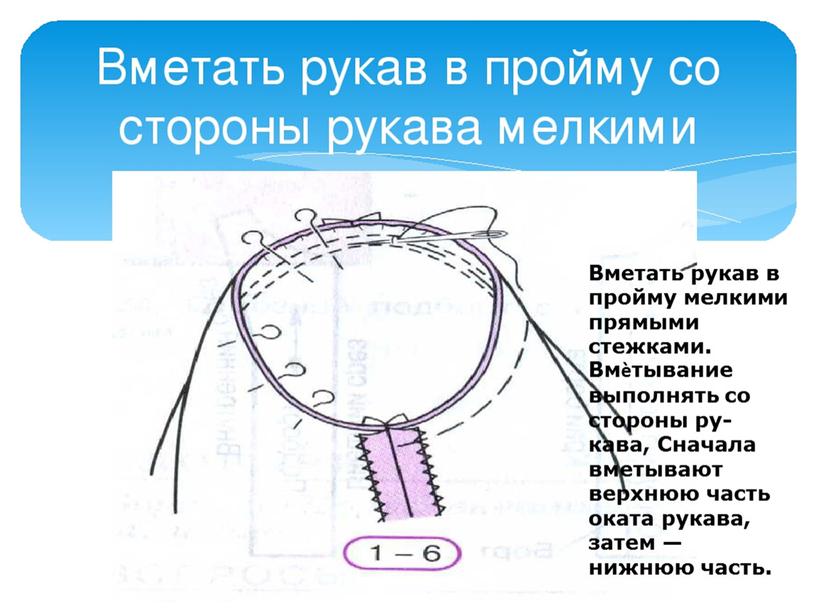 Вметать рукав в пройму мелкими прямыми стежками