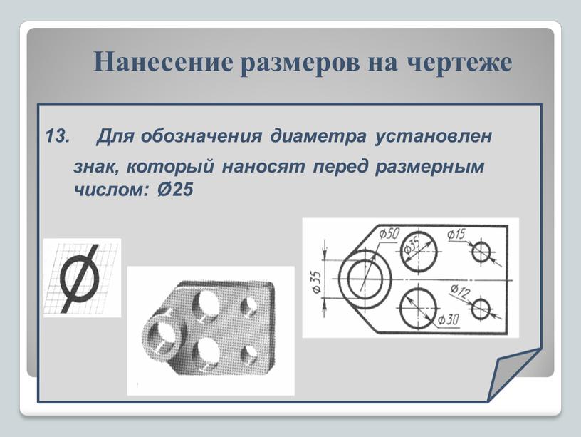 Для обозначения диаметра установлен знак, который наносят перед размерным числом: Ø25