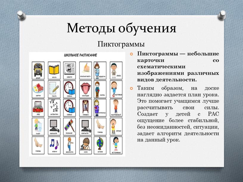 Методы обучения Пиктограммы Пиктограммы — небольшие карточки со схематическими изображениями различных видов деятельности