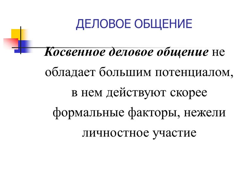 ДЕЛОВОЕ ОБЩЕНИЕ Косвенное деловое общение не обладает большим потенциалом, в нем действуют скорее формальные факторы, нежели личностное участие