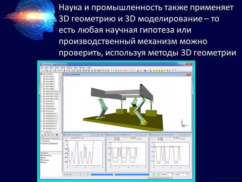 Наука и промышленность также применяет 3D геометрию и 3D моделирование – то есть любая научная гипотеза или производственный механизм можно проверить, используя методы 3D геометрии