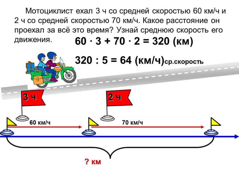 Мотоциклист ехал 3 ч со средней скоростью 60 км/ч и 2 ч со средней скоростью 70 км/ч