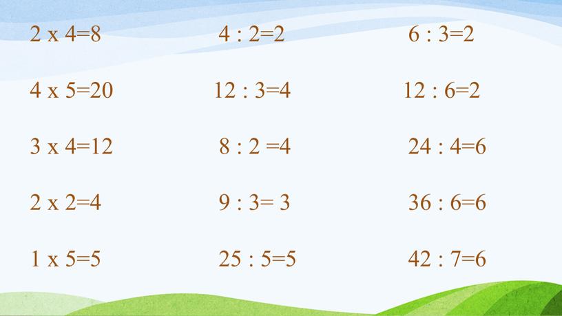 2 х 4=8 4 : 2=2 6 : 3=2 4 х 5=20 12 : 3=4 12 : 6=2 3 х 4=12 8 : 2 =4…