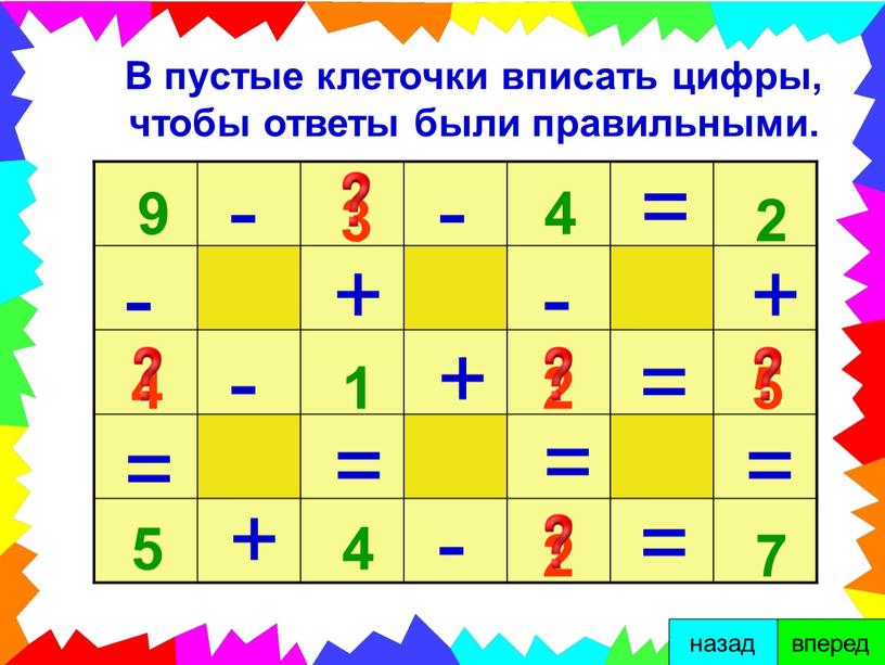 В пустые клеточки вписать цифры, чтобы ответы были правильными