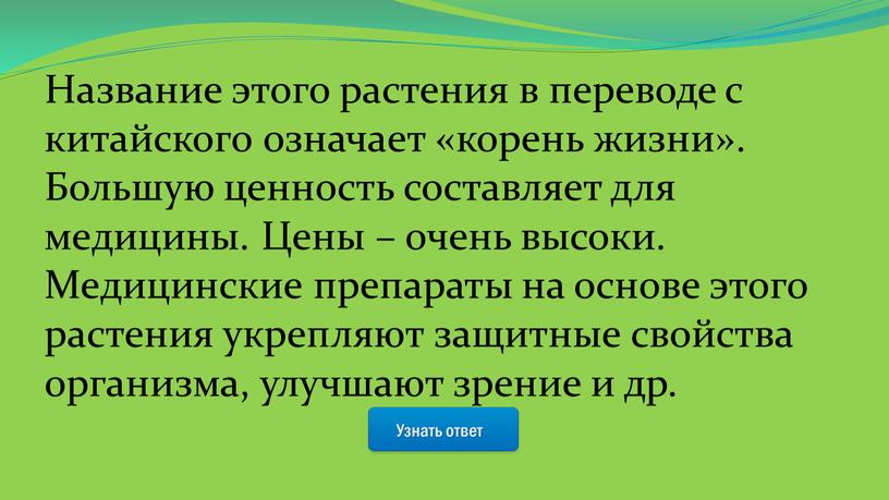 Узнать ответ Название этого растения в переводе с китайского означает «корень жизни»