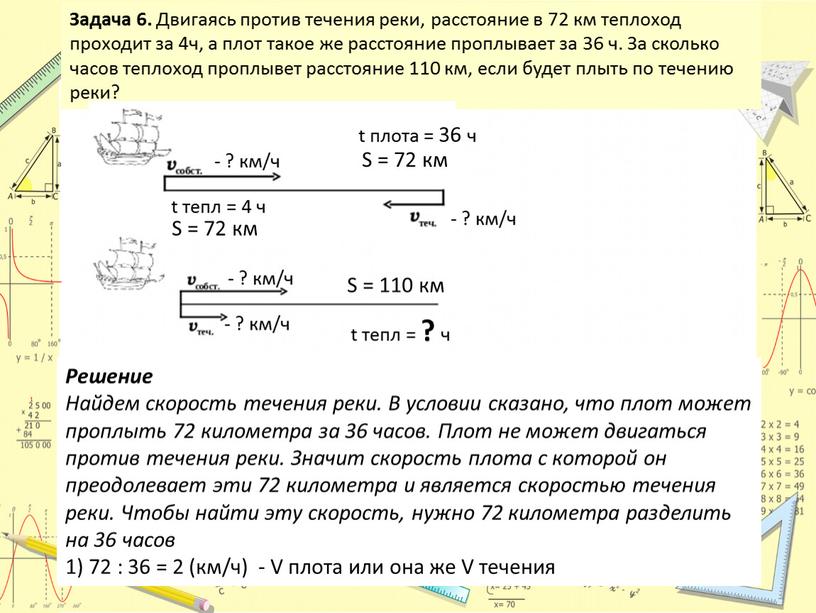 Задача 6. Двигаясь против течения реки, расстояние в 72 км теплоход проходит за 4ч, а плот такое же расстояние проплывает за 36 ч