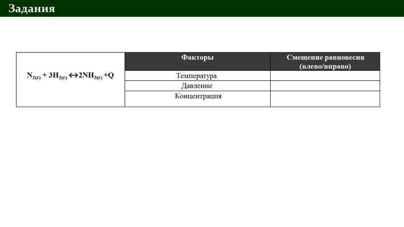 Задания N2(г) + 3H2(г) ↔2NH3(г) +Q