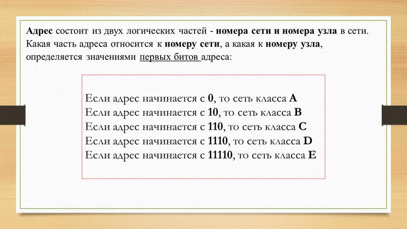 Адрес состоит из двух логических частей - номера сети и номера узла в сети