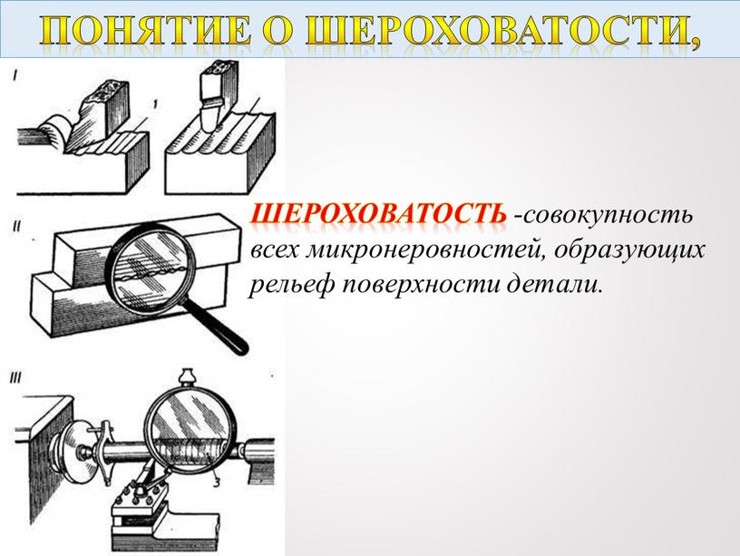 Понятие о шероховатости, Шероховатость -совокупность всех микронеровностей, образующих рельеф поверхности детали