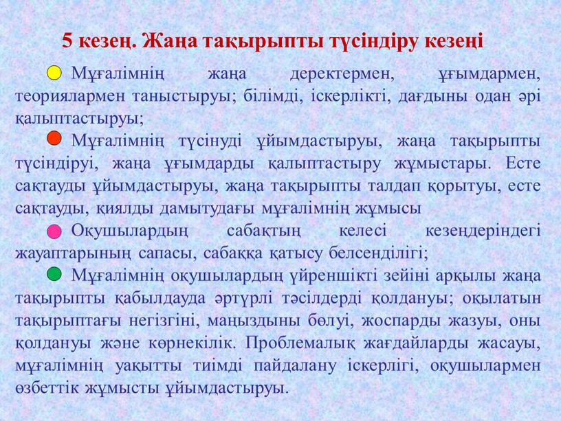 Мұғалімнің жаңа деректермен, ұғымдармен, теориялармен таныстыруы; білімді, іскерлікті, дағдыны одан әрі қалыптастыруы;