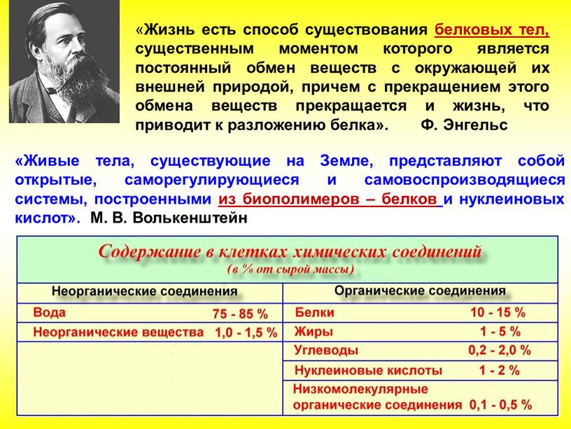 Живые тела, существующие на Земле, представляют собой открытые, саморегулирующиеся и самовоспроизводящиеся системы, построенными из биополимеров – белков и нуклеиновых кислот»