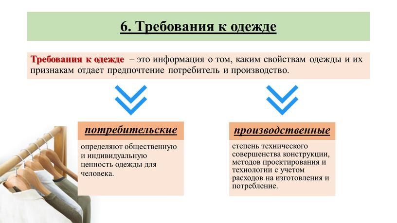 Требования к одежде Требования к одежде – это информация о том, каким свойствам одежды и их признакам отдает предпочтение потребитель и производство