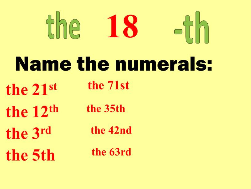 Name the numerals: the 21st the 71st the 12th the 35th the 3rd the 42nd the 5th the 63rd -th the 18