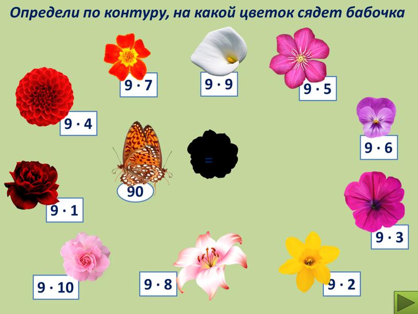 Определи по контуру, на какой цветок сядет бабочка 9 ∙ 7 9 ∙ 9 90 =