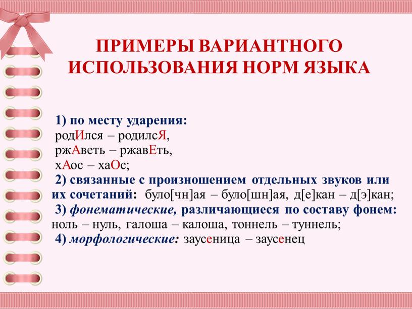 Ился – родилсЯ, ржАветь – ржавЕть, хАос – хаОс; 2) связанные с произношением отдельных звуков или их сочетаний: було[чн]ая – було[шн]ая, д[е]кан – д[э]кан; 3)…