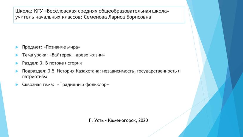 Школа: КГУ «Весёловская средняя общеобразовательная школа» учитель начальных классов: