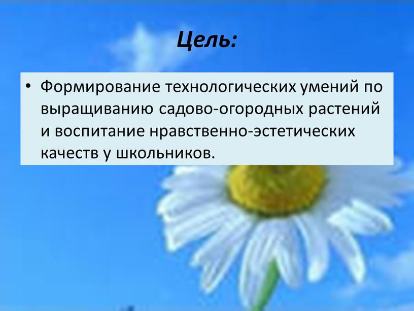 Цель: Формирование технологических умений по выращиванию садово-огородных растений и воспитание нравственно-эстетических качеств у школьников