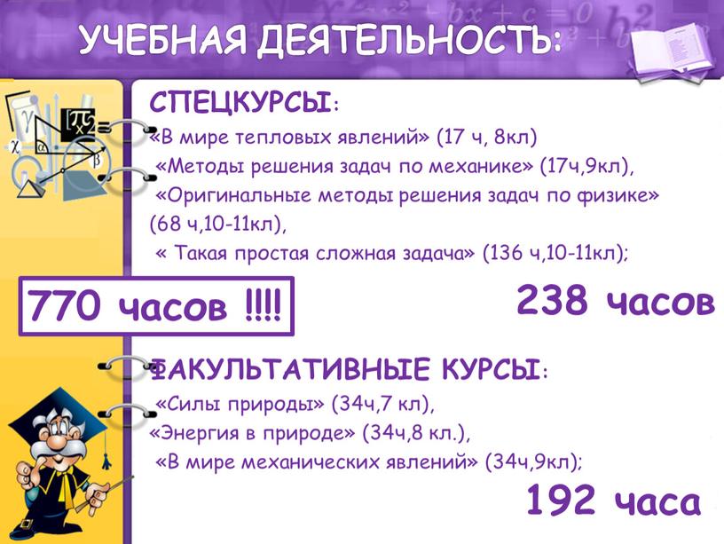 УЧЕБНАЯ ДЕЯТЕЛЬНОСТЬ: СПЕЦКУРСЫ: «В мире тепловых явлений» (17 ч, 8кл) «Методы решения задач по механике» (17ч,9кл), «Оригинальные методы решения задач по физике» (68 ч,10-11кл), «