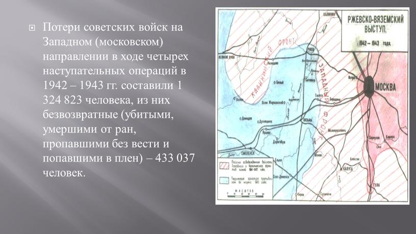 Потери советских войск на Западном (московском) направлении в ходе четырех наступательных операций в 1942 – 1943 гг