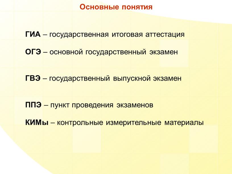 Основные понятия ГИА – государственная итоговая аттестация