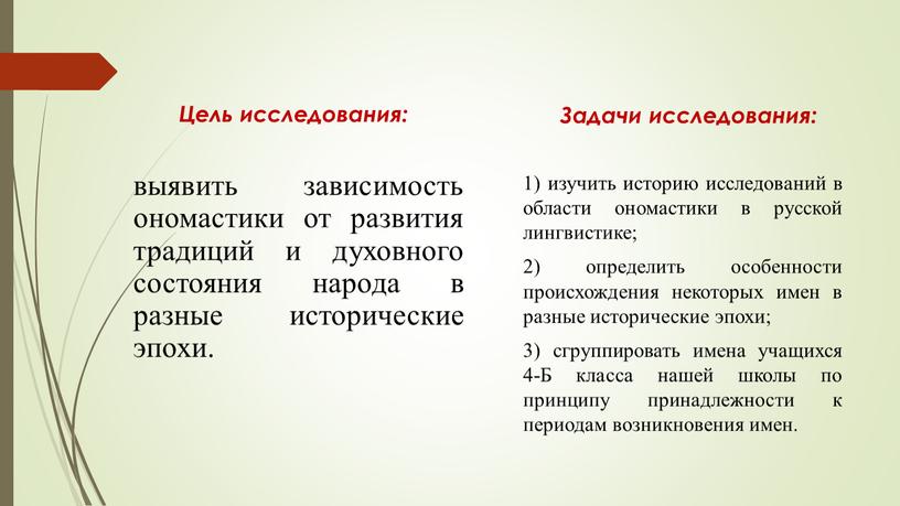 Цель исследования: выявить зависимость ономастики от развития традиций и духовного состояния народа в разные исторические эпохи