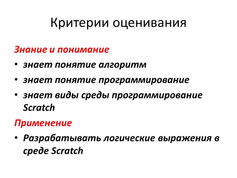 Критерии оценивания Знание и понимание знает понятие алгоритм знает понятие программирование знает виды среды программирование