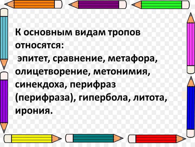 К основным видам тропов относятся: эпитет, сравнение, метафора, олицетворение, метонимия, синекдоха, перифраз (перифраза), гипербола, литота, ирония