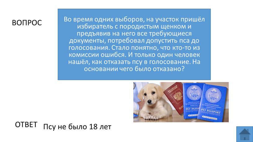 ВОПРОС Во время одних выборов, на участок пришёл избиратель с породистым щенком и предъявив на него все требующиеся документы, потребовал допустить пса до голосования