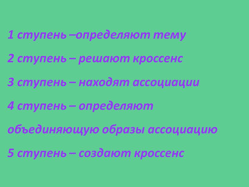 1 ступень –определяют тему 2 ступень – решают кроссенс 3 ступень – находят ассоциации 4 ступень – определяют объединяющую образы ассоциацию 5 ступень – создают…