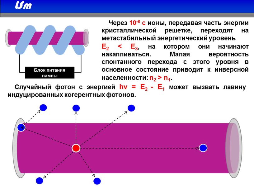 Через 10-8 с ионы, передавая часть энергии кристаллической решетке, переходят на метастабильный энергетический уровень