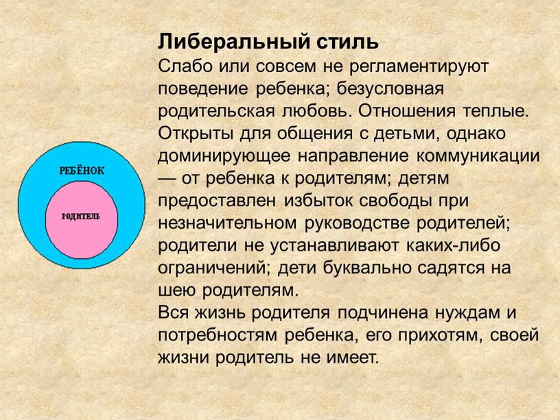 Либеральный стиль Слабо или совсем не регламентируют поведение ребенка; безусловная родительская любовь