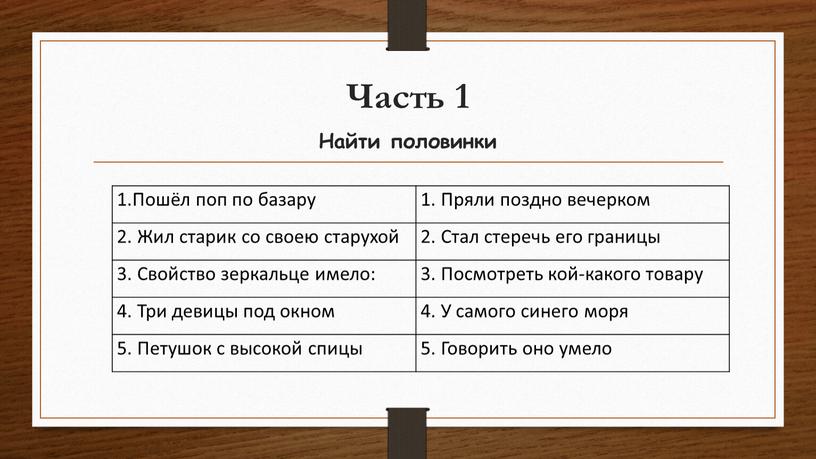 Часть 1 Найти половинки 1.Пошёл поп по базару 1