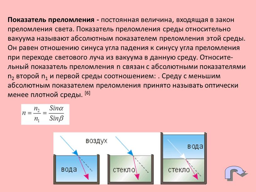 Показатель преломления - постоянная величина, входящая в закон преломления света