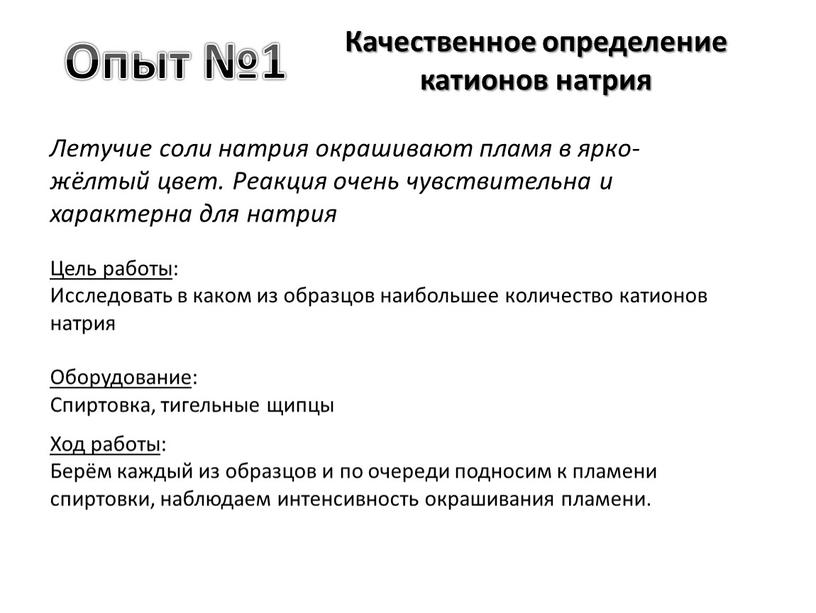 Опыт №1 Качественное определение катионов натрия